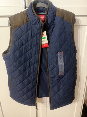 Coleman Navy Quilted Men's Vest with Brown Trim